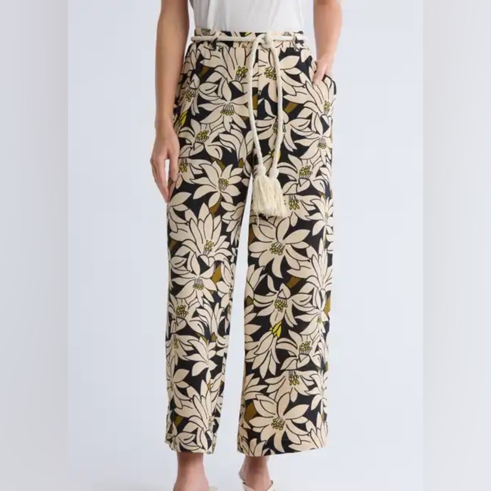Adrianna Papell Rope Belt Floral Printed Wide Leg Pant Black Olive Lily Size M